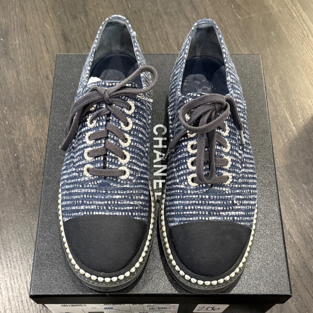 CHANEL Navy Tweed & Black Cap-Toe Pearl-Trim Sneakers